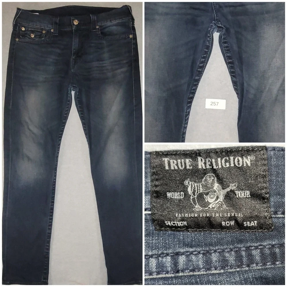 True Religion Geno Relaxed Slim Jeans Mens 34 Dark Wash Denim Whiskered Blue